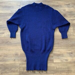 Benetton Size 44 (14) Knit Wool Blend Blue Black Mock Neck Stretch Sweater Dress